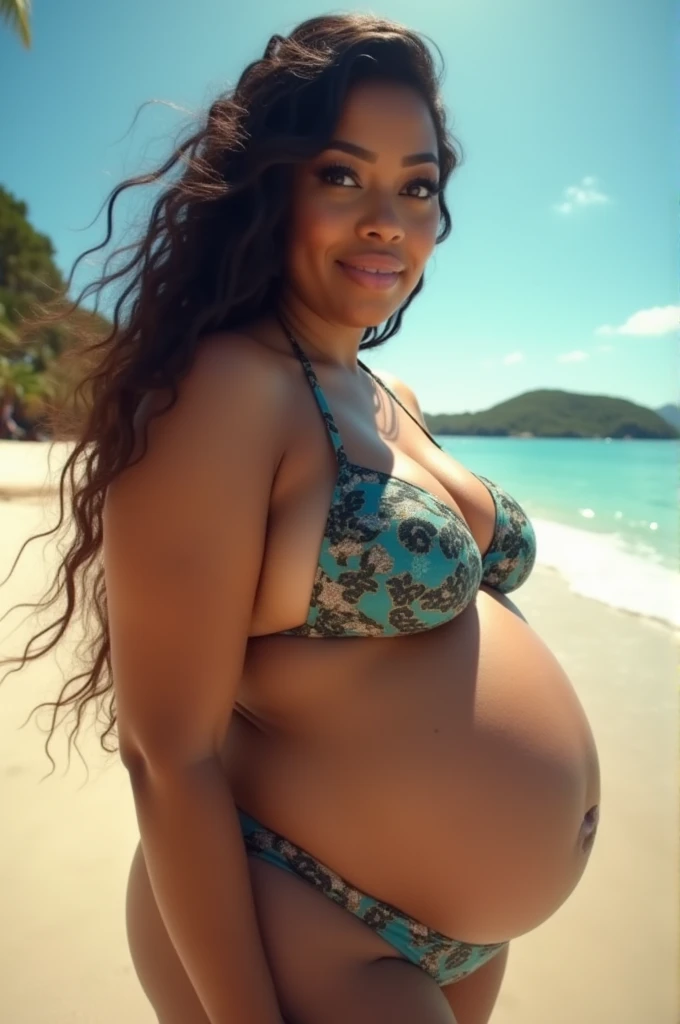 Pov close up fisheye camera view while you are relaxing with plus size plus size mom cardi b wearing bikini with big belly while 9 months pregnant on the beach . Hd 14K, Photorealistic, iphone camera style, highly shapering, high detailed, masterpiece, mid length shot, fujifilm, cinematic beach atmosphere