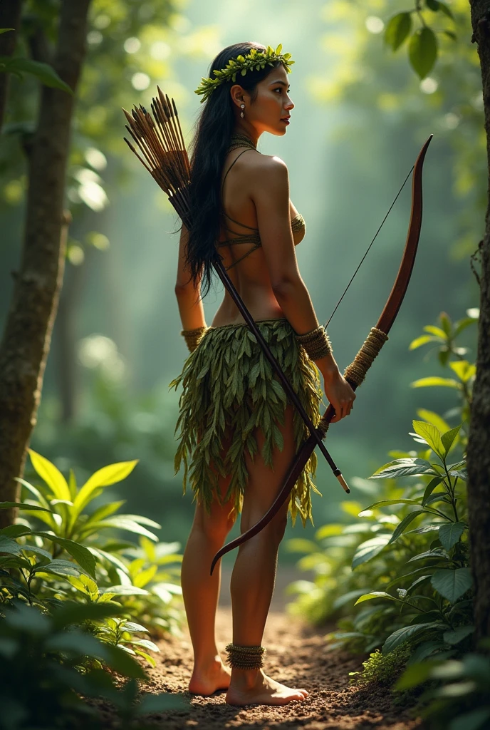 (photorealism 1:2) full body indigenous woman, holding bow and arrow in the woods. show this woman's feet. Feet on the ground. natural beautiful. no detail in the clothes, only leaves. natural beautiful e franjinha