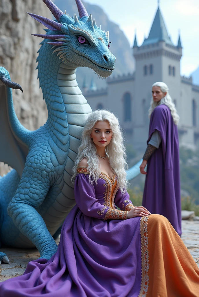 Woman in purple and orange medieval dress. Woman with silver-white wavy and curly hair and dark violet eyes, woman sitting next to her light blue dragon, huge and fierce dragon, Dragon with green eyes. Zoom in on the woman.
Gigantic and majestic castle in the background. Castle with white stones. blue Dragon. Dragon with sky blue scales.
Man next to woman. Man with long silver-white hair, purple medieval clothes and a giant purple dragon next to the man