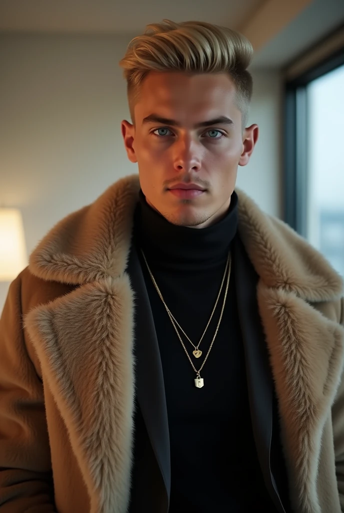 Portrait of a 2 man with blonde hair in a medium fade cut and light blue eyes. He is wearing a black turtleneck and a gold necklace, over which he wears a fur coat. He is posing facing the camera in a modern setting, such as a minimalist loft or studio, with soft lighting coming from behind and a neutral background. His expression is confident and casual, conveying a relaxed yet elegant style, perfect for an Instagram post.