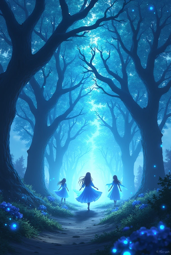 scenography, Oaks Forest, sky blue leaves, energy particles, anime, fancy, magic
