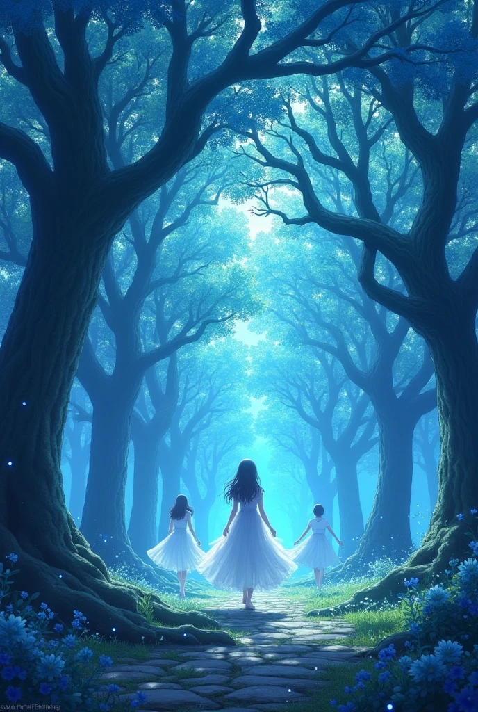 scenography, Oaks Forest, sky blue leaves, energy particles, anime, fancy, magic