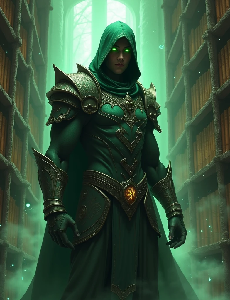men warrior with and green eyes, thin armor and a hood in a magical library