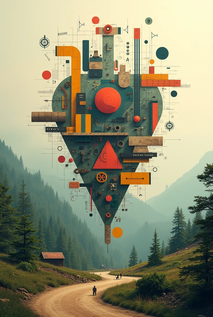 image with symbols representing construction, sons de lofi, naturey, innovate, To produce, symbols of the past