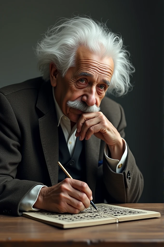 Albert Einstein is sitting on a chair and think about a puzzle 