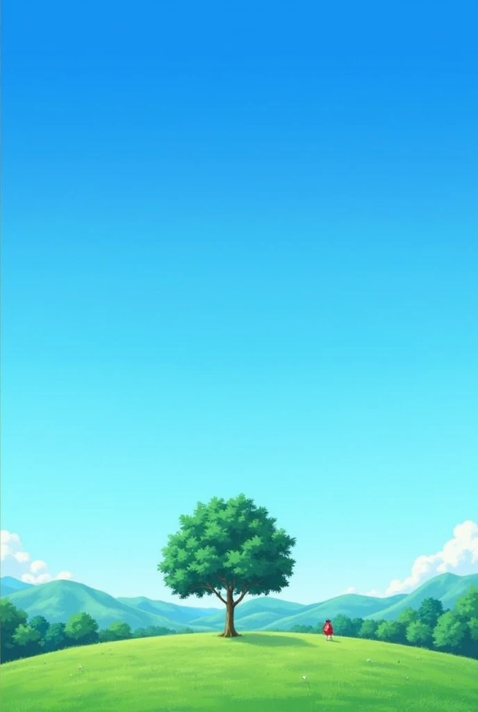 studio ghibli anime wallpaper. beautiful clear sunny sky, no clouds, over a gently sloping meadow. mountains on the horizon. a single, majestic tree in the middle ground, worms eye view
