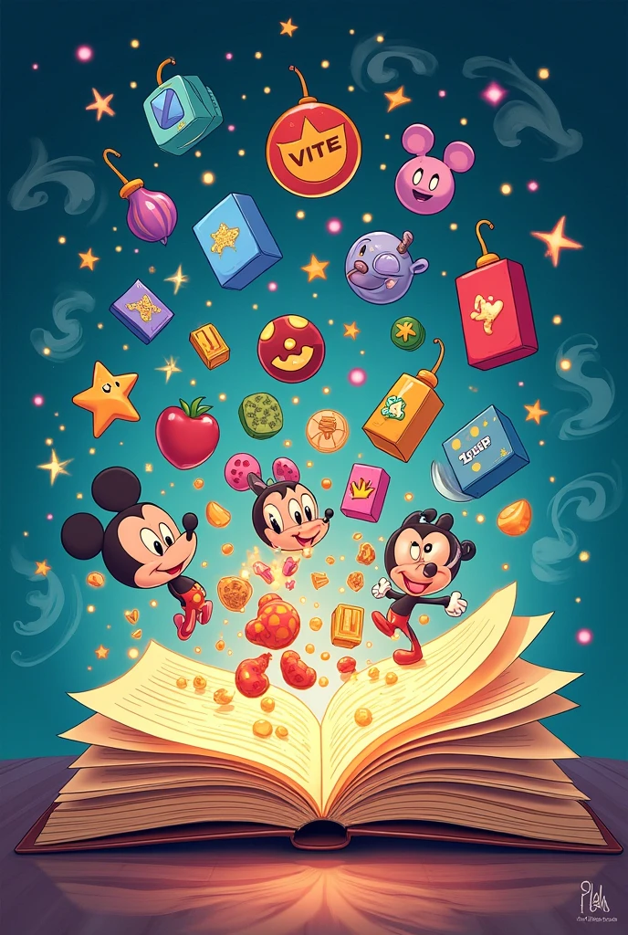 Disney style drawing of an open book with references from the 1990s to 2000s emerging from it