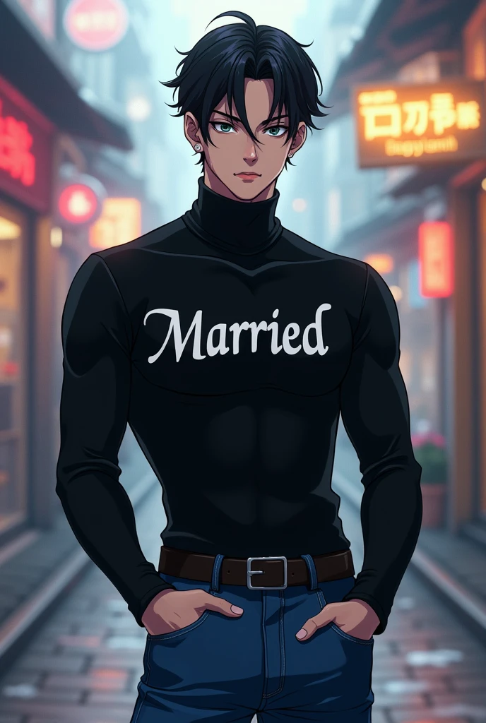 Male character black turtleneck shirt with married name blue jeans anime theme