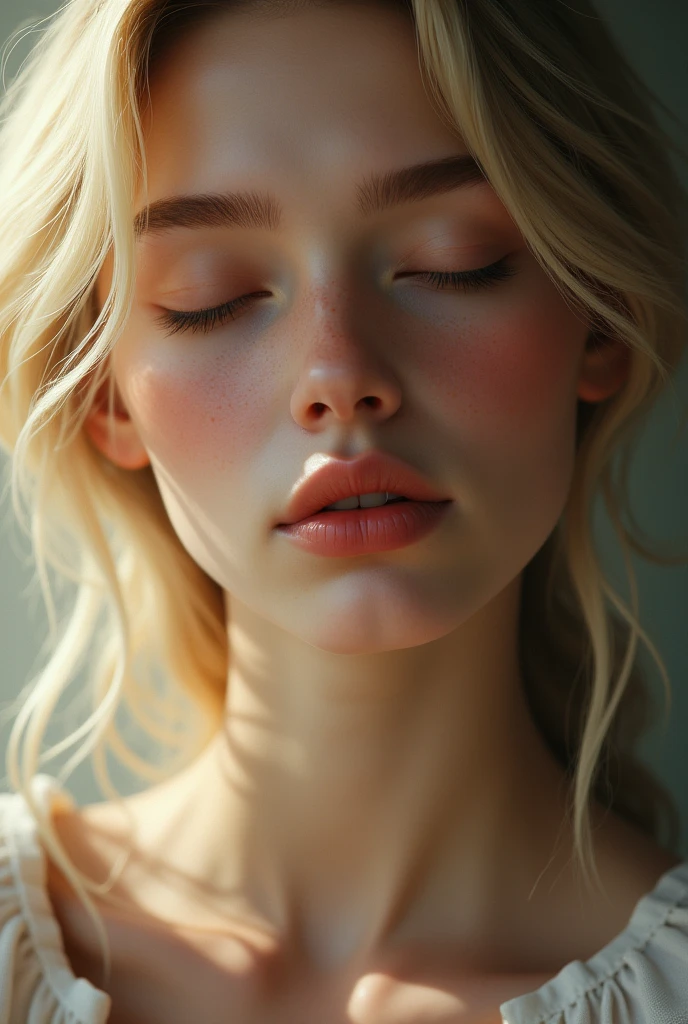 eyes close, close eyes, blonde, facing camera, photorealistic,