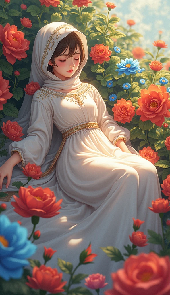 A anime age girl wearing abaya with scarf, and lying on vibrant colorful flowersund