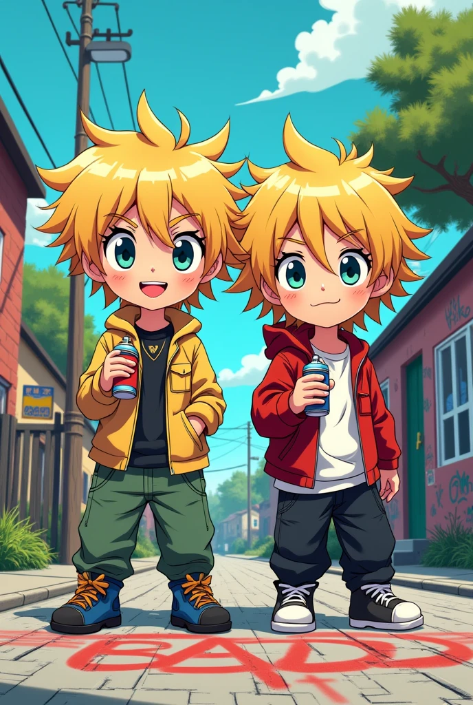 the kagamine brothers from vocaloid cartoon style, dressed in baggy clothes with a cartoon style rapper style: " Ed Edd y Eddie". grabbing a spray can