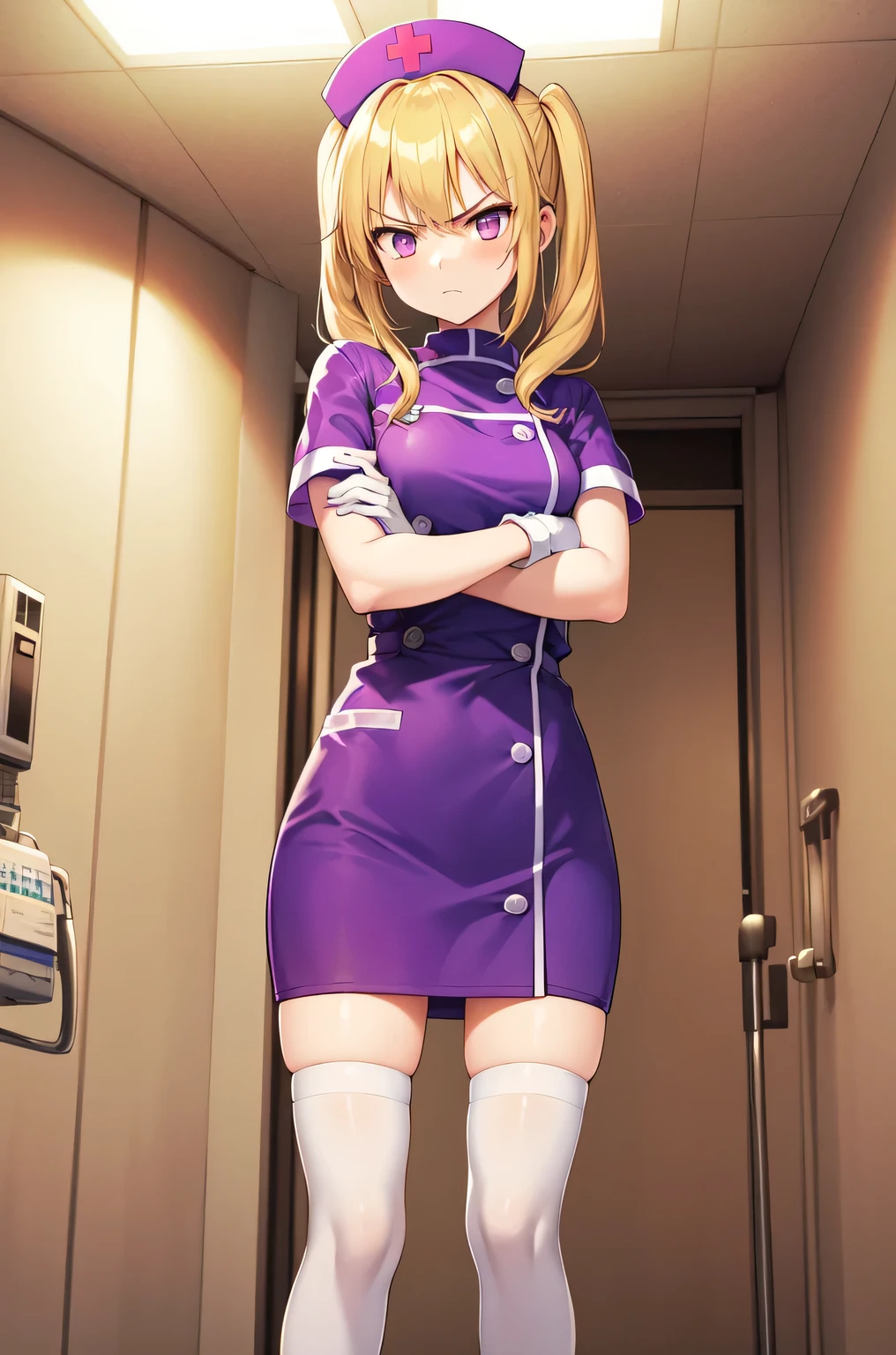 1girl, solo, nurse, nurse cap, white nurse uniform, ((white legwear, zettai ryouiki)), white gloves, twintails, yellow hair, purple eyes, angry, crossed arms, standing, ((hospital room)), sharp outline, short sleeves, best quality, masterpiece