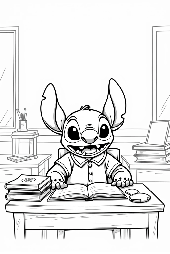 create a black and white image to color disney stitch at school studying, IN WHITE SO YOU CAN COLOR IT