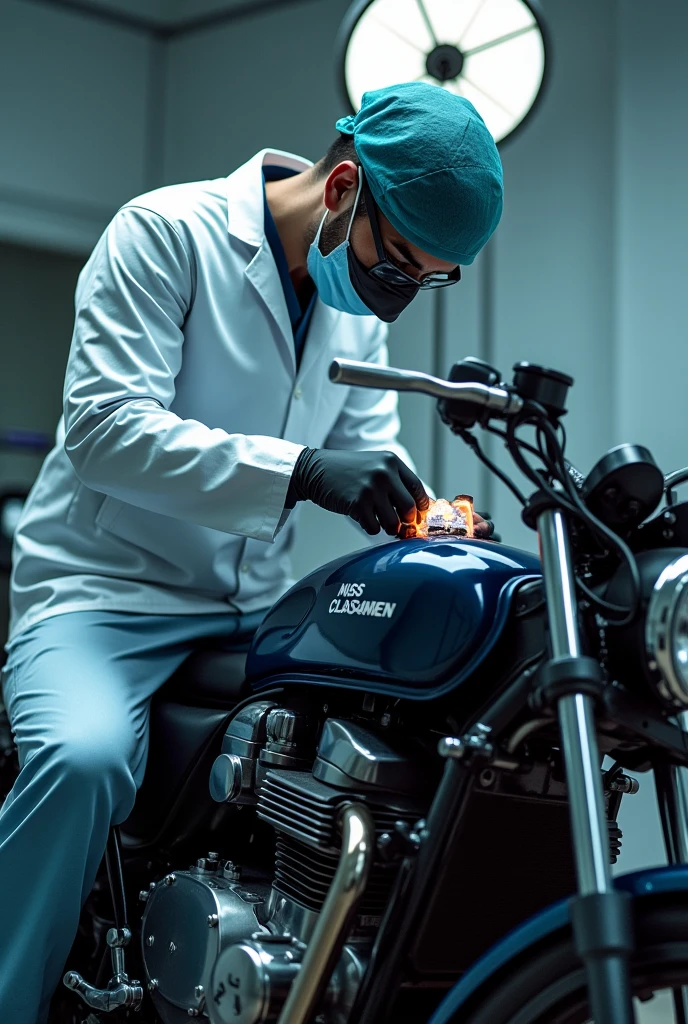 Logo of a doctor performing surgery on a motorcycle