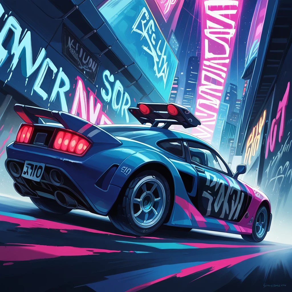 A medium quality digital artwork of a racing car featuring a "FED UP" decal, influenced by the punk rock style of "A-Punk," with a futuristic touch inspired by the artist Lorsha. Abstract, vibrant colors, dynamic composition, graffiti art, cyberpunk aesthetic, neon lights, stylized, digital painting, speed lines, edgy.