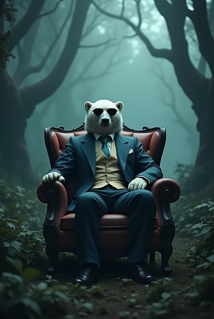 Generate for me a 3d 4k dark forest movie scene realistic setting with lights and smoke effects with a polar bear in a suit sitting in an armchair with sunglasses holding a cell phone