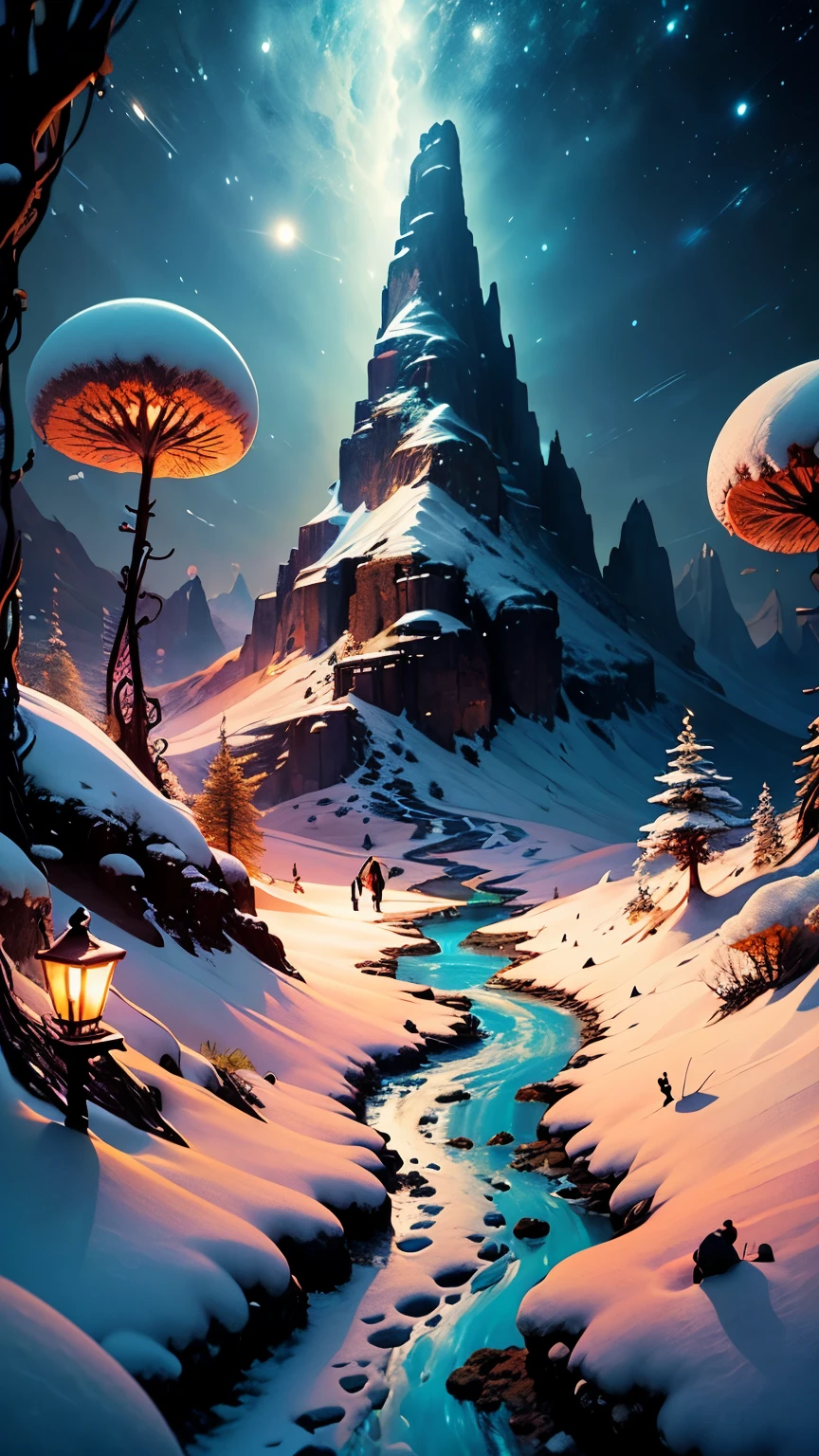 (Best quality at best, 8K, A high resolution, tmasterpiece:1.2), ultra - detailed, (actual, realistically, realistically:1.37), Vibrant colors, magical ambiance, Whimsical, ((pure、White snow,Like the elves dancing between heaven and earth;The shining light embellishes the whole world into a diamond-like wonder.;mountain peaks、the woods、The creeks and villages are covered with snow,It forms a magnificent picture)), Surreal, Dreamy, Complicated details, Beautiful texture, Ethereal, like a dream, soft luminescent glow, Charming Patterns, Hidden surprises, Fantastic snowscape, Surreal color palette, Mystic aura, ultra-realistic realism, Enchanting journey, psychedelic trip, vivid imagination, immersive experience, otherworldly charm, glowing paths, Lighting up the snow in the arctic forest, surreal sky, whimsical white scenery,, A magical encounter in the snow, Charming snow art, 8k