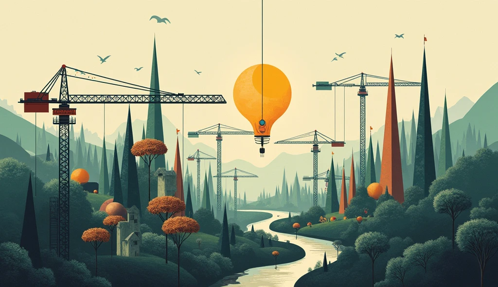 image with symbols representing construction, sons de lofi, naturey, innovate, To produce, symbols of the past