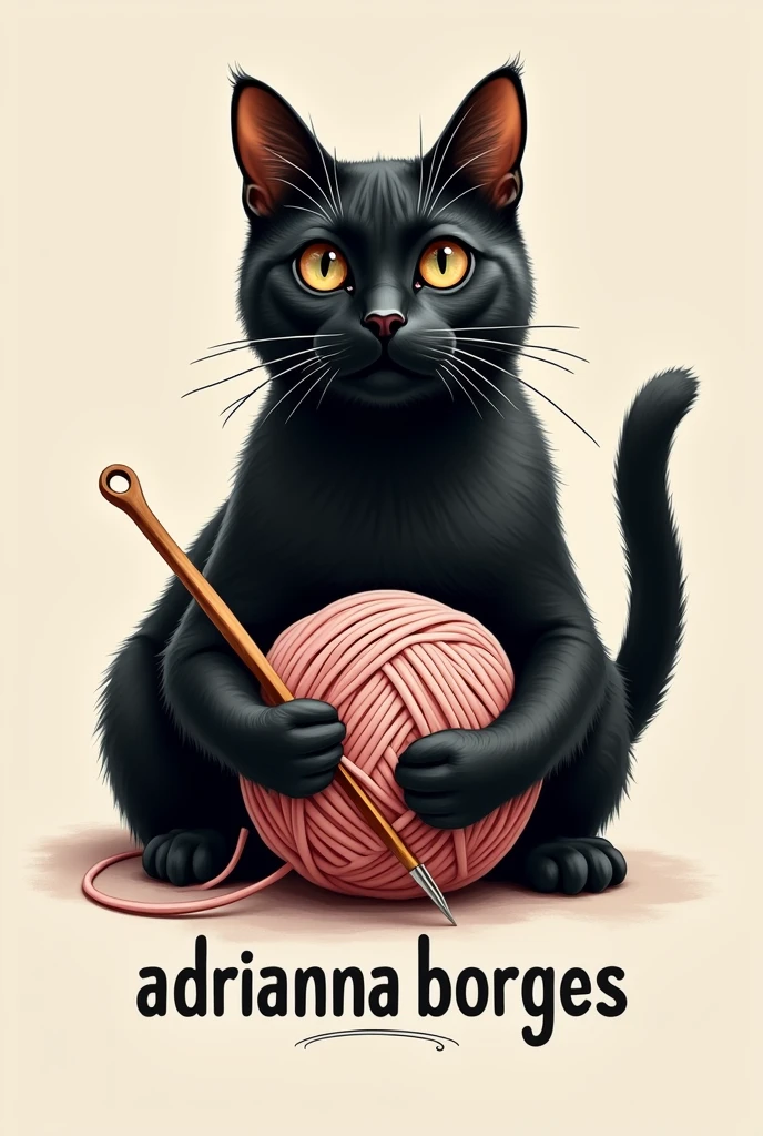 Realistic black cat logo holding a ball of thread and crochet hook with two paws, with the sign: Adrianna Borges