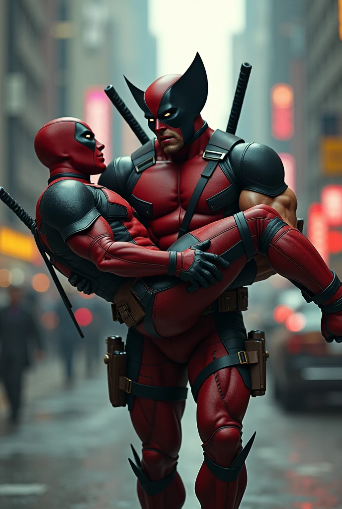 Wolverine is carrying Deadpool in his arms