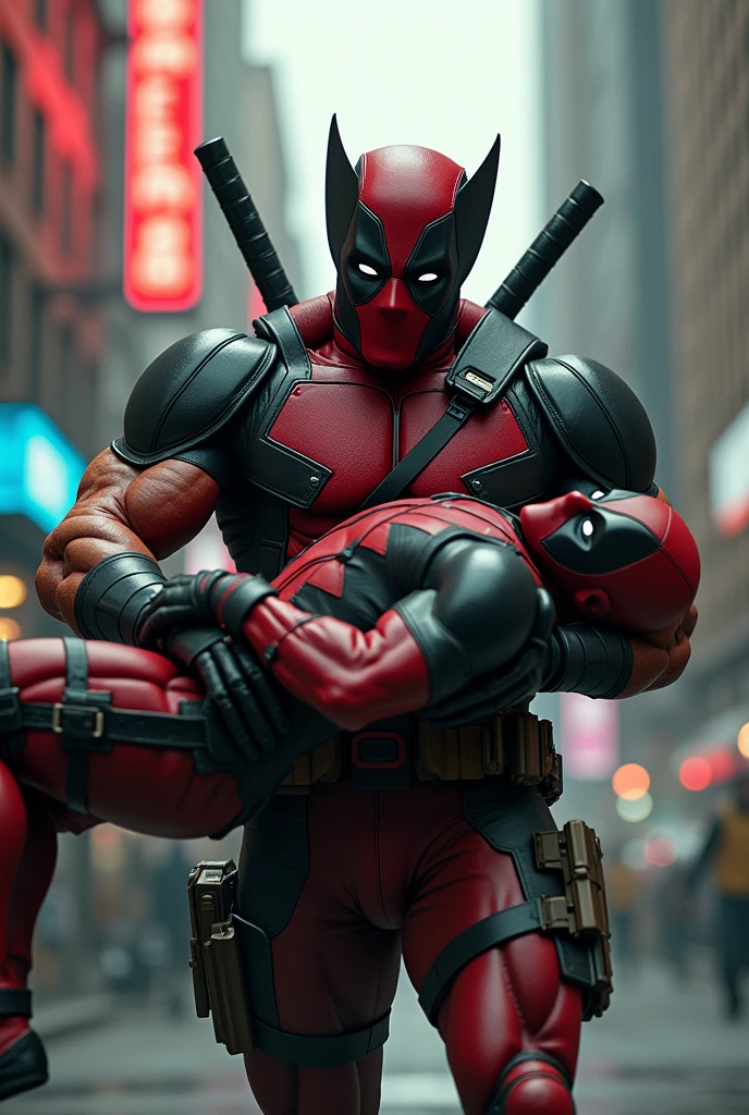 Wolverine is carrying Deadpool in his arms