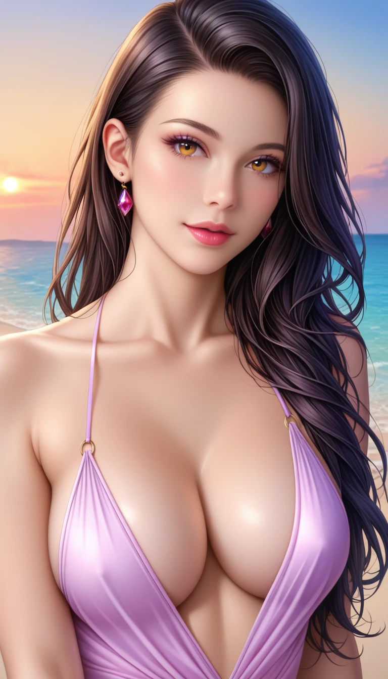 score_9, score_8_superior, score_7_superior, 
A masterpiece in 32K resolution,Highest quality,Very detailed,Ultra-realistic,Realistic,Increased depth of field,Cinematic lighting, 
Elegant Japanese actress,
Ultra-detailed and beautiful face,Black Hair,Long Hair,Gentle expression,Ultra-detailed skin,Translucent white skin,Realistic skin texture,Great proportions, 
Elegant swimwear,
Seaside at sunset,Desolate sandy beach, 
Cinematic Angle,