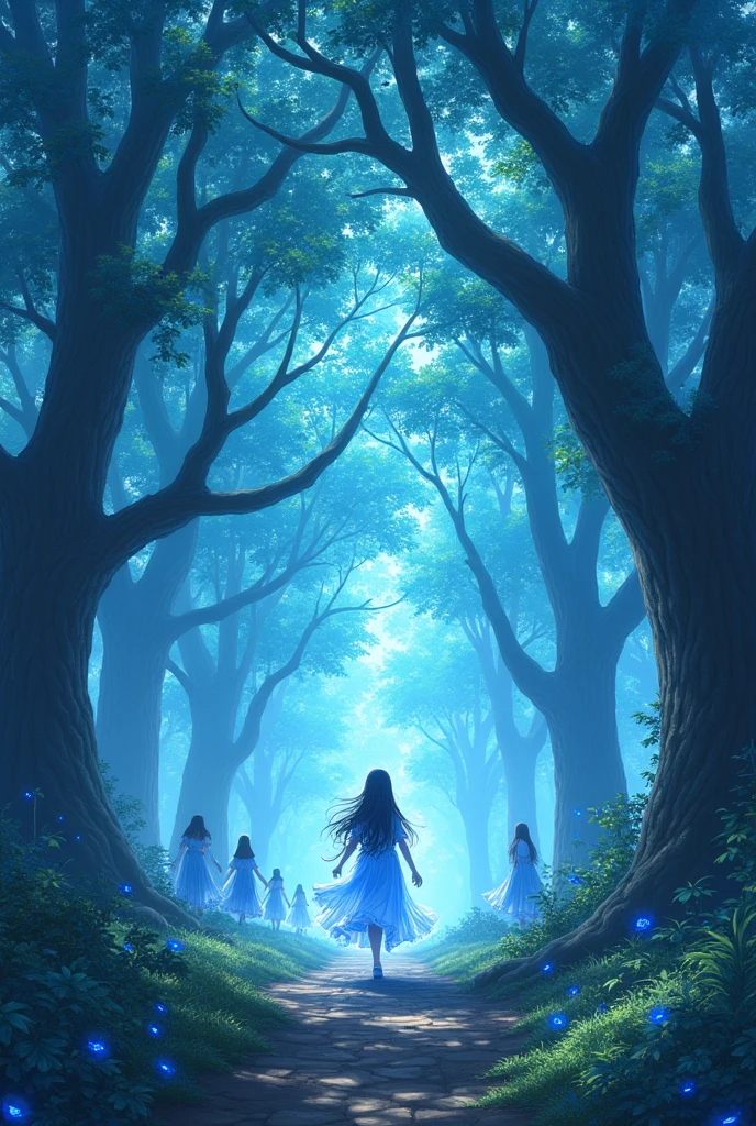 scenography, Oaks Forest, sky blue leaves, energy particles, anime, fancy, magic