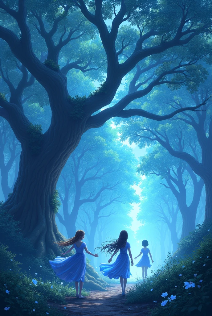 scenography, Oaks Forest, sky blue leaves, energy particles, anime, fancy, magic