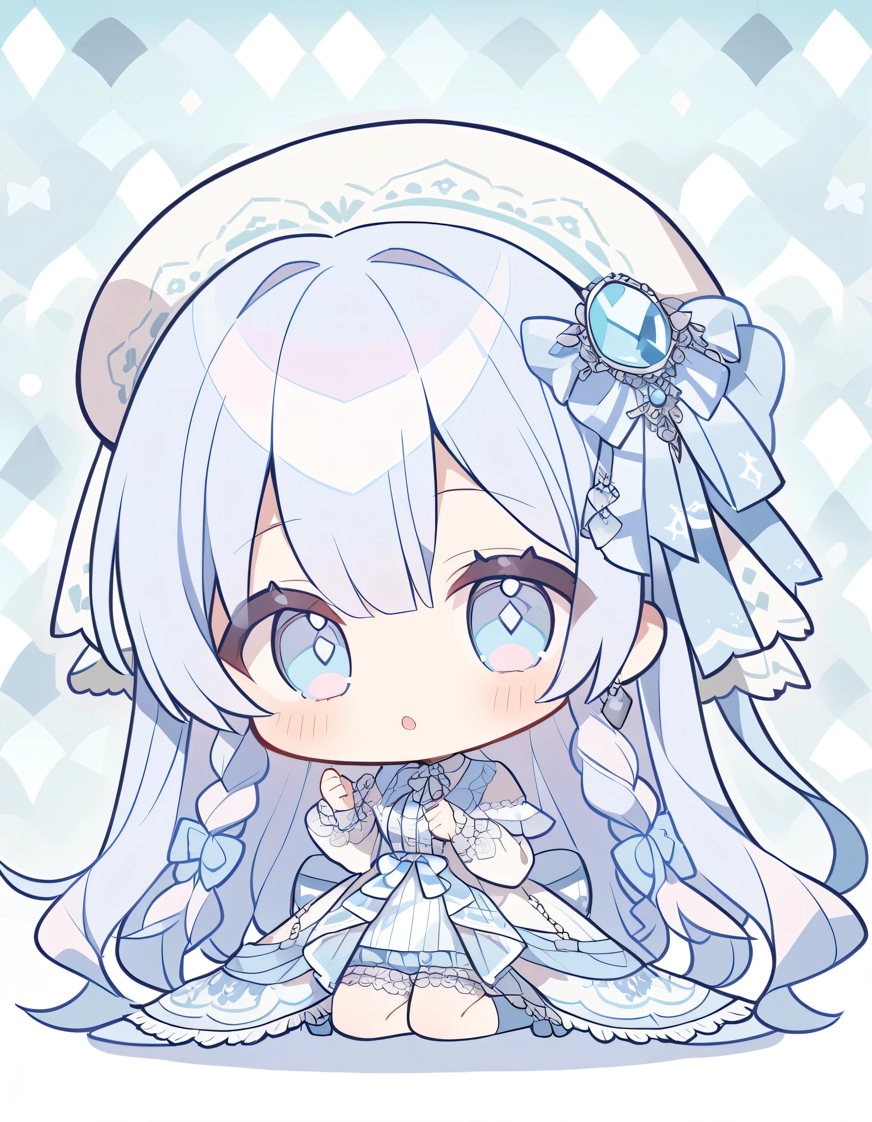 one woman、 long hair, pastel colors 、smooth、Detective suit、chibi,light blue eyes、พื้นหลังที่smoothง่าย、Place your hands on the floor.、kneel、 Gemstone Patterns、sparkling、cute、Stylish design background（light blue and white）、white and light blue lolita fashion 、 hair ornament hair 、 ribbon 