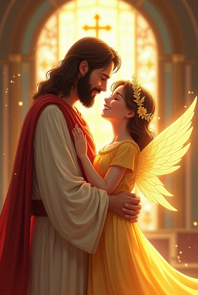Jesus of Nazareth hugging a  girl in a beautiful and shiny golden Christian dress happy inside a church anime version
