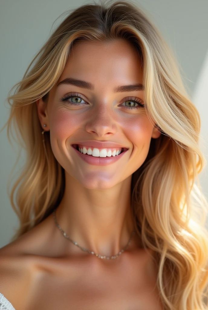Friendly blonde woman with a happy period face(no back ground) realisitic