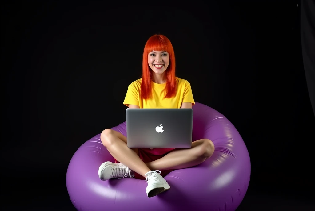 
professional photo, Cheerful sexy woman, in a pink skirt, white nike sneakers, in a yellow T-shirt,  with red hair, sits on an inflatable purple chair, holding a macbook pro laptop in my hands, studio photo, high detail, fashion photo, Backlight, Black background


