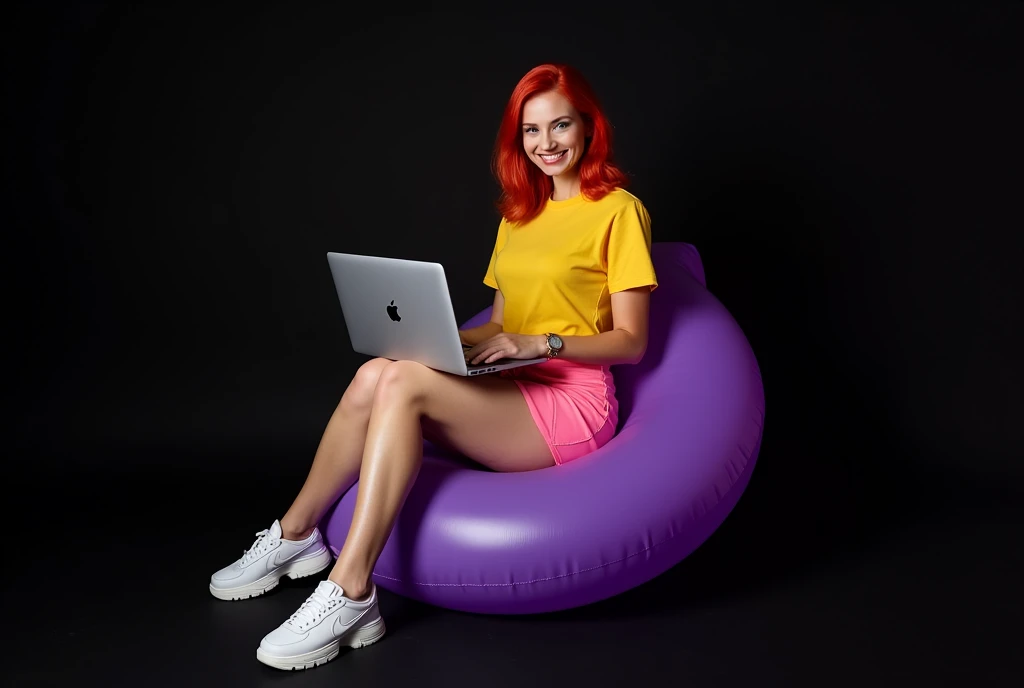 professional photo, Cheerful sexy woman, in a pink skirt, white nike sneakers, in a yellow T-shirt, with red hair, sits on an inflatable purple chair, holding a macbook pro laptop in my hands, studio photo, high detail, fashion photo, Backlight, Black background