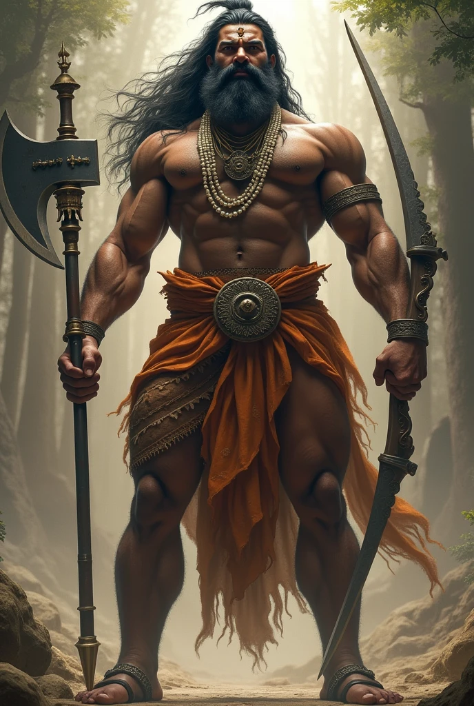 Un homme de 9 pieds de haut avec une musculature impressionnante
Il vient des temps anciens. He is an avatar of God. Tenant une hache à double tranchant dans une main et un arc dans l'autre, with long hair and beard, wearing a tiger skin and a mardani dhoti, with a hairstyle like Shiva's and an ultrasum pearl necklace in her hair