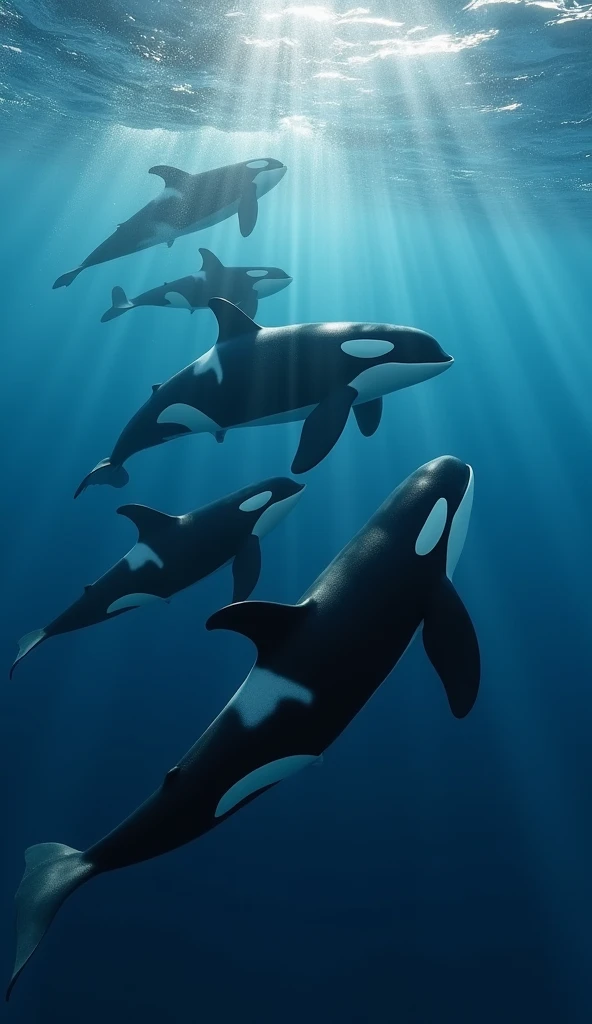 A family of orcas displaying hunting prowess, modern day, underwater in the ocean, the pod of orcas moves with purpose as they hunt together, vast open ocean surrounds them, wide shot, hyper-realistic, photo realism, cinematography --ar 9:16.