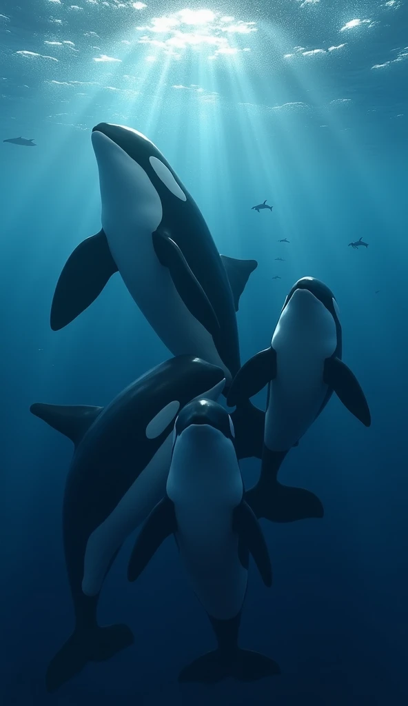 A family of orcas displaying hunting prowess, modern day, underwater in the ocean, the pod of orcas moves with purpose as they hunt together, vast open ocean surrounds them, wide shot, hyper-realistic, photo realism, cinematography --ar 9:16.