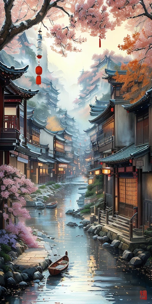 Paintings depicting rivers，There are ships and buildings in the background., Dreamy Chinatown, China Village, Detailed painting 32k, old asian village, Chinese watercolor style, The ancient city streets behind her, Meticulous painting, Japanese Street, Chinese painting, Chinese, Highly detailed, 8k High Definition Detailed Oil Painting, A Japanese town, Traditional Chinese Watercolor，32k resolution