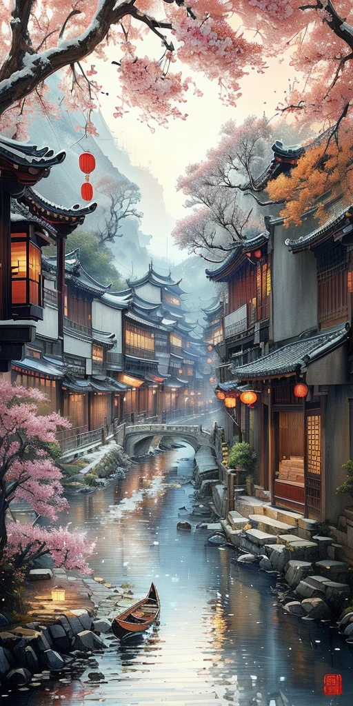 Paintings depicting rivers，There are ships and buildings in the background., Dreamy Chinatown, China Village, Detailed painting 32k, old asian village, Chinese watercolor style, The ancient city streets behind her, Meticulous painting, Japanese Street, Chinese painting, Chinese, Highly detailed, 8k High Definition Detailed Oil Painting, A Japanese town, Traditional Chinese Watercolor，32k resolution