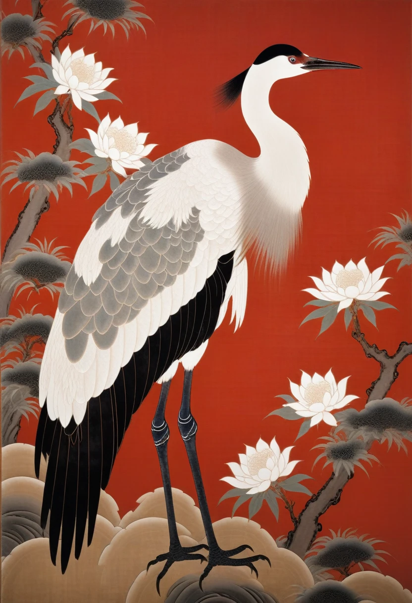A red-capped crane on a red background,There is a cutting panel on the background, Museum of Japanese Art, Dark white and light brown, Elegant and balanced, Standard collection, Song Huizong, Song dynasty painting, a mosaic, Planar composition