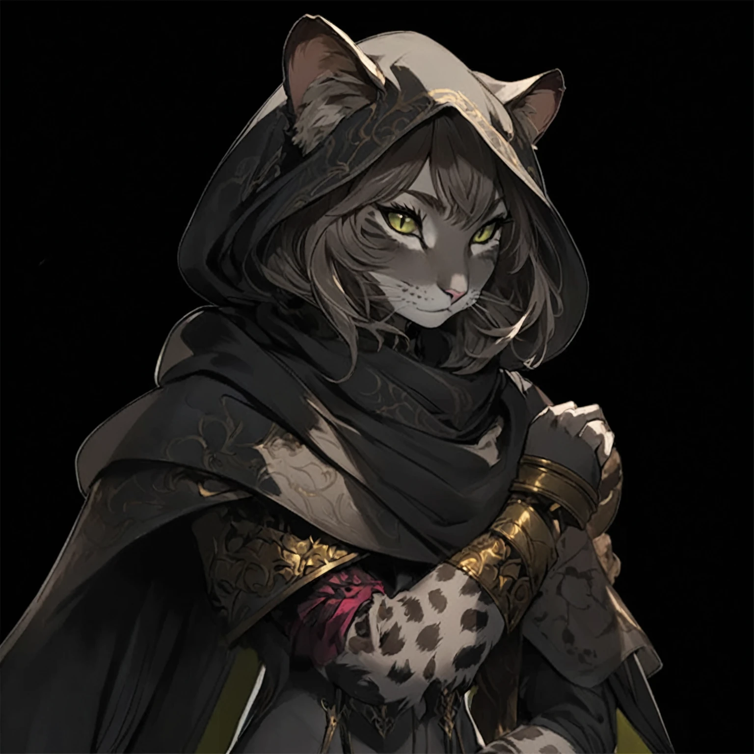 masterpiece, best quality, good quality, Highly detailed, shadowverse style, beast race, female, cat-humanoid species, rogue, modern aesthethic, Fur transitions from soft light gray to darker shades on her limbs, giving her a sleek, feline appearance
