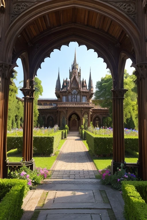 Gothic architecture、Wooden buildings、antique、Large garden and fountain、Victorian atmosphere、There is an archway and a path leading to the entrance. The garden has a fountain and flowers.、More of the whole thing please、Gothic castle feel!Yellow and brown atmosphere、wood、Teddy bear walking、stuffed bear