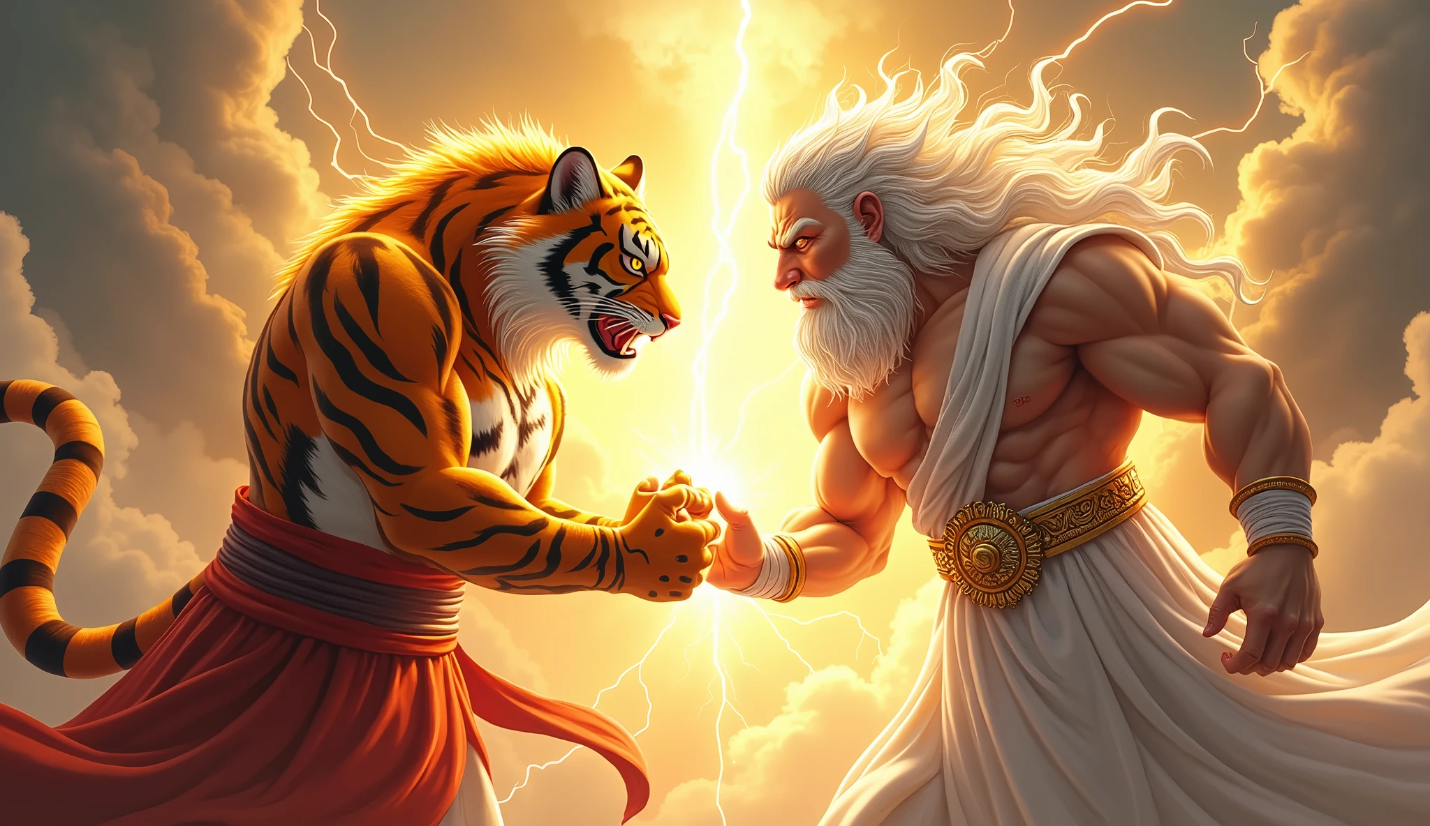 Scenario: The scene should depict two characters in a fusion posture, similar to the fusion of Goku and Vegeta from Dragon Ball-Z.

Character 1 (fortune tiger): An anthropomorphic tiger, with a strong and muscular appearance, wearing a traditional Chinese dress in gold with red details. The tiger must be in the fusion pose, with the finger pointing at the other character.

Character 2 (Gate of Olympus - Old Man of Lightning): A character similar to Zeus, with a long beard and flowing white hair, wearing a white Greek toga with gold details. He must be in the fusion pose, mirroring the tiger pose, with the finger pointing at the tiger.

Efeitos: Lightning and sparks should emanate from the meeting point of the two characters&#39; fingers., representing the fusion.

fund: An epic and heavenly setting, com nuvens, lightning and a golden aurora in the background to give a mystical tone to the fusion.
