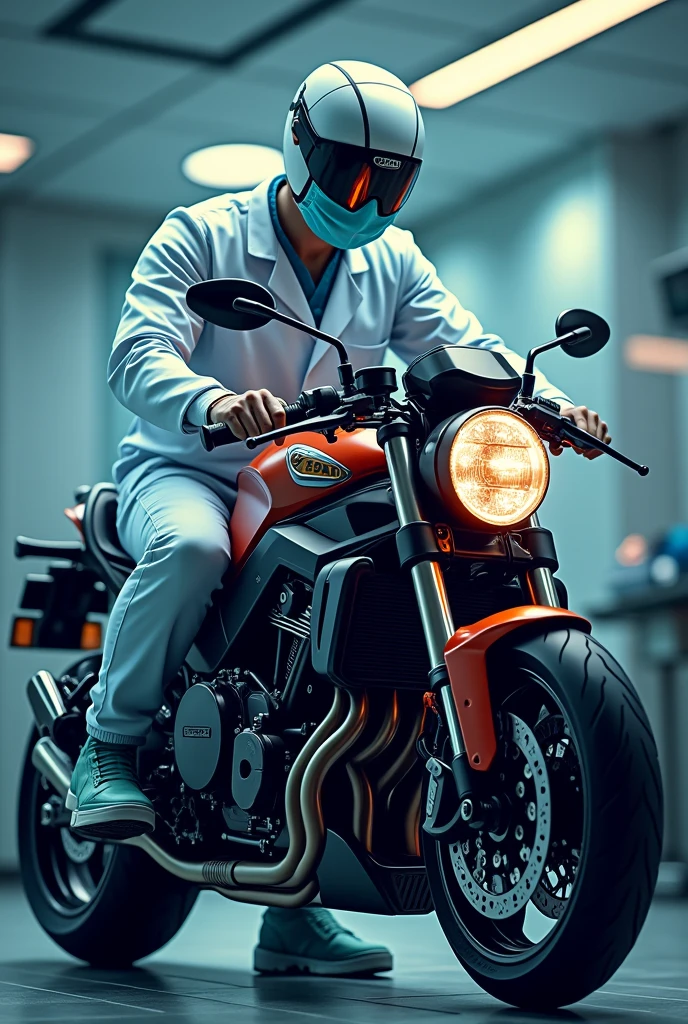 Logo of a doctor performing surgery on a motorcycle