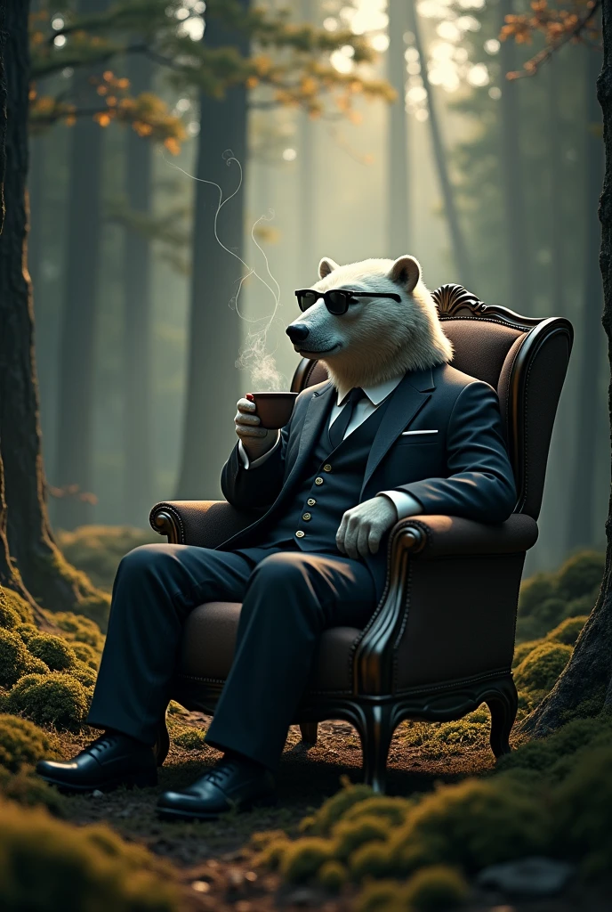 Generate for me a 3d 4k dark forest movie scene realistic setting with lights and smoke effects with a polar bear in a suit sitting in an armchair with sunglasses holding a cup of coffee 