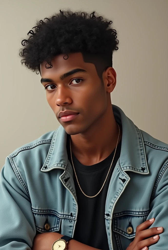 "A waist-up portrait of a 2 young man with a medium brown complexion, looking thoughtfully towards the horizon. He has a slightly upturned nose, short, curly black hair, and is clean-shaven. He is wearing a light denim jacket over a black shirt, accessorized with a discreet gold chain around his neck and a gold watch on his wrist. The man's pose is contemplative, with a serene and introspective expression, set against a soft, neutral background that subtly enhances his thoughtful demeanor."