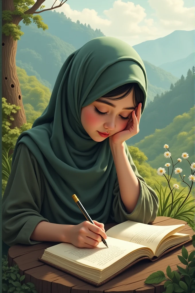 A beautiful Muslim girl writing a letter deep thinking one hand on her head sitting in beautiful valley 