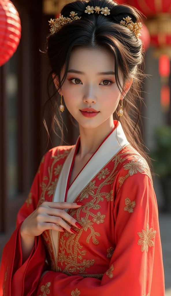 (photorealism:1.2), beautiful Chinese Hanfu, very beautiful Chinese Hanfu female, very detailed fingers, beauty red nails, high resolution, HDR 