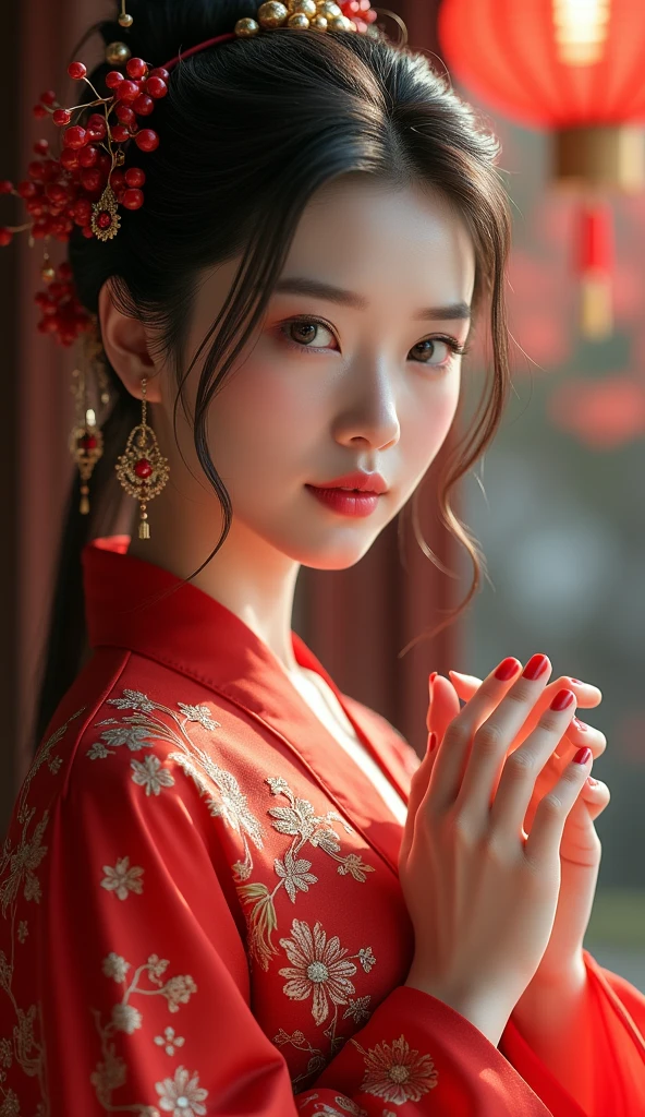 (photorealism:1.2), beautiful Chinese Hanfu, very beautiful Chinese Hanfu female, very detailed fingers, beauty red nails, high resolution, HDR