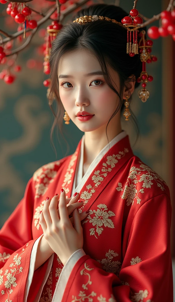 (photorealism:1.2), beautiful Chinese Hanfu, very beautiful Chinese Hanfu female, very detailed fingers, beauty red nails, high resolution, HDR