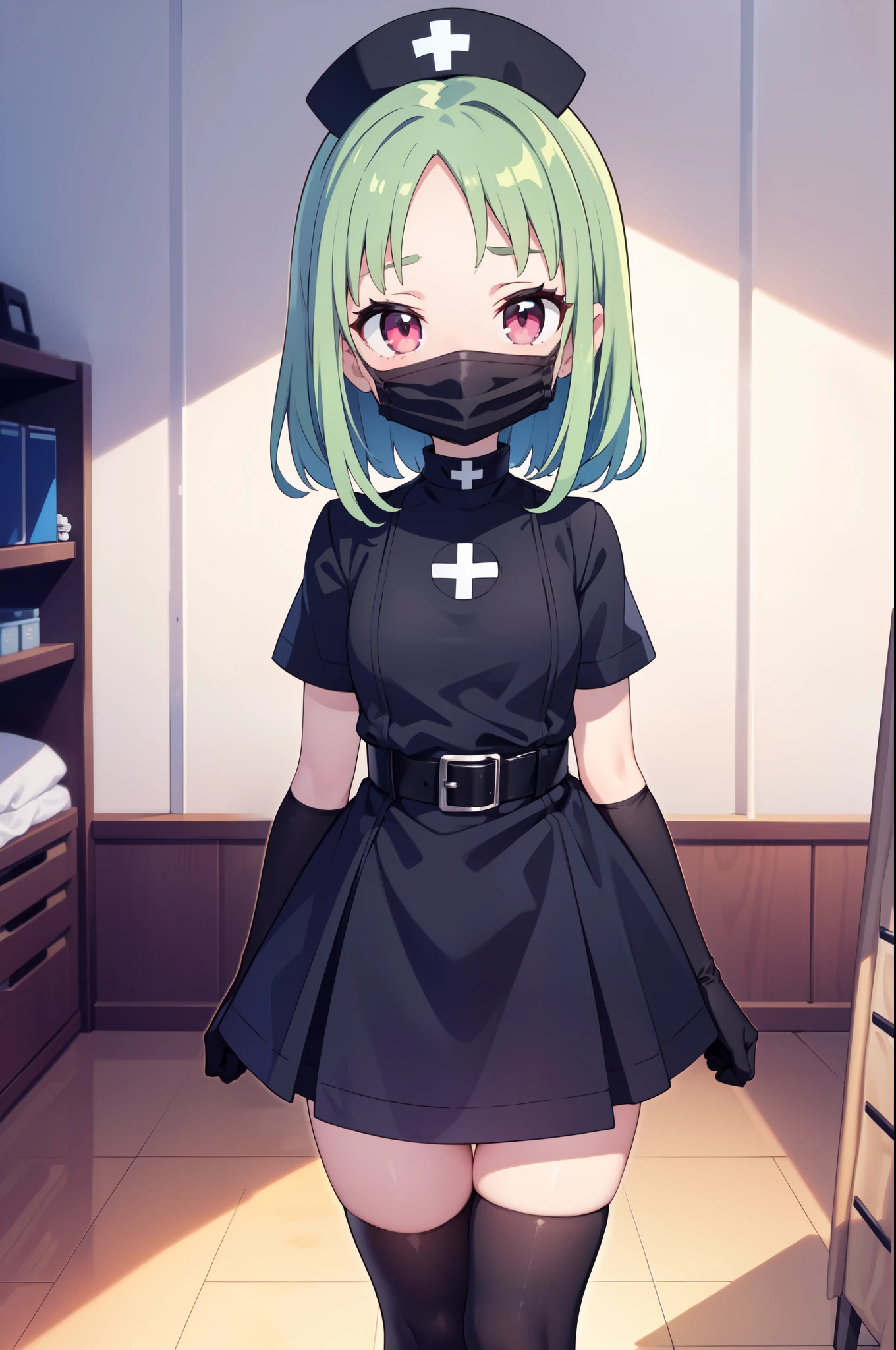 black nurse, 1woman, solo, black nurse cap, black nurse uniform, ((black legwear, zettai ryouiki)), black elbow gloves, forehead, long hair, green hair, pink eyes, ((black surgical mask, covered nose)), standing, ((surgery room)), sharp outline, short sleeves, mature female, 35yo, best quality, masterpiece